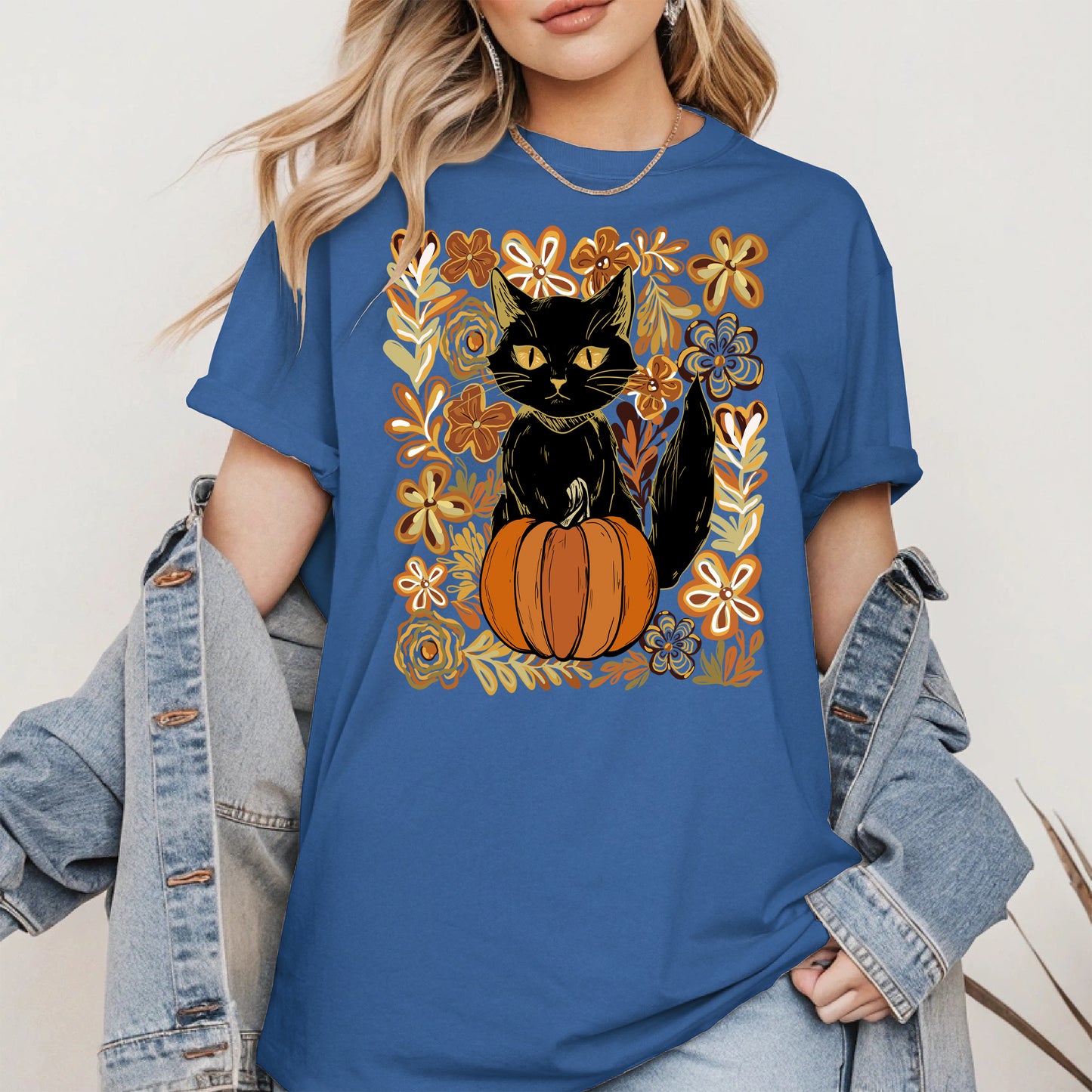 Floral Black cat Pumpkin halloween shirt