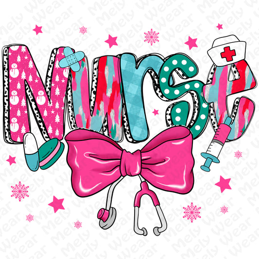 Nurse Christmas Shirt with Pink Bow and Holiday Icons