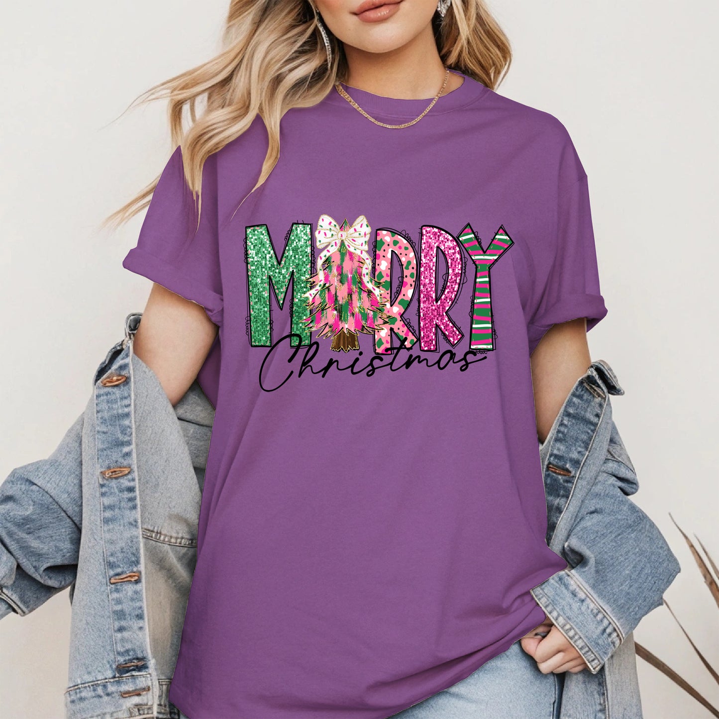 Merry Christmas Shirt Glitter Tree Holiday Tee