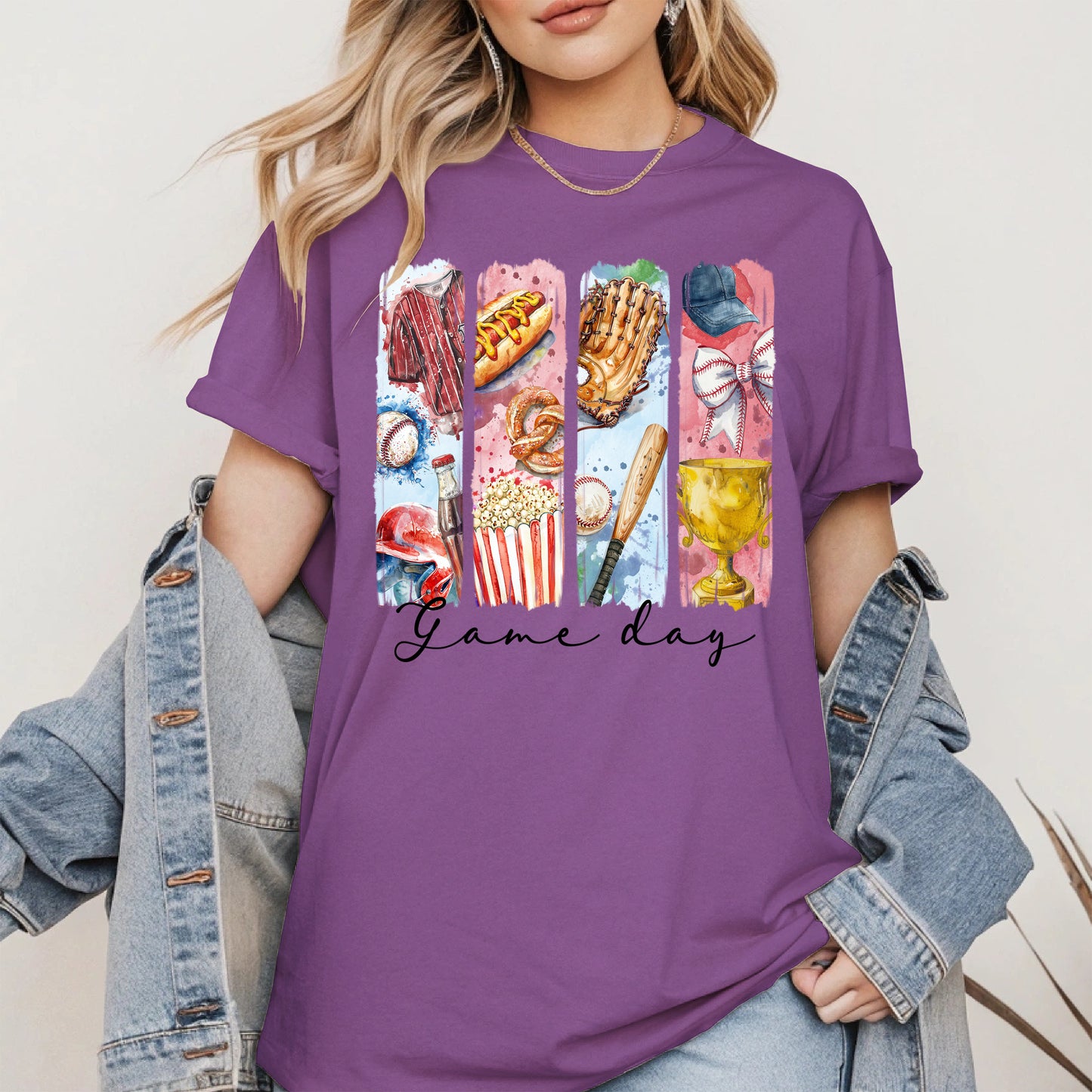 Watercolor Hotdog, Bat & Trophy Baseball Sport Shirt