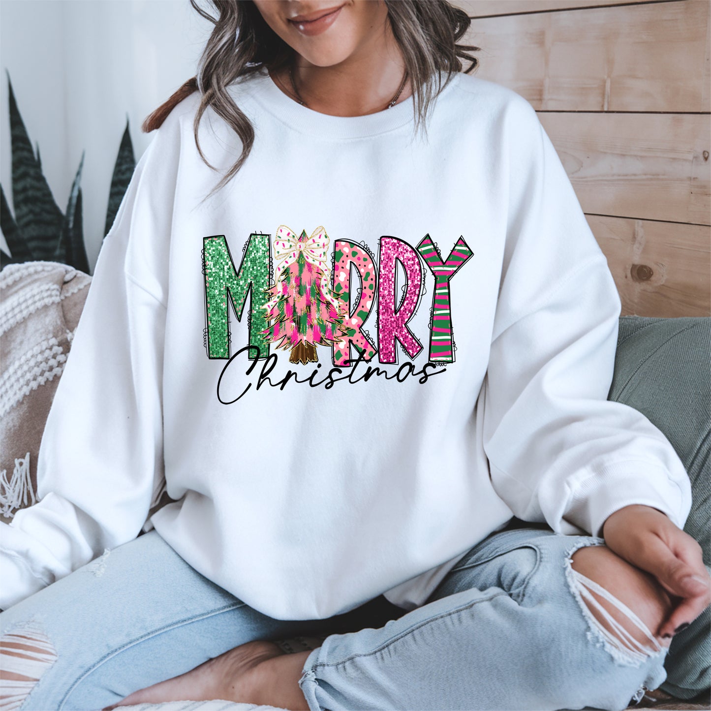 Merry Christmas Shirt Glitter Tree Holiday Tee
