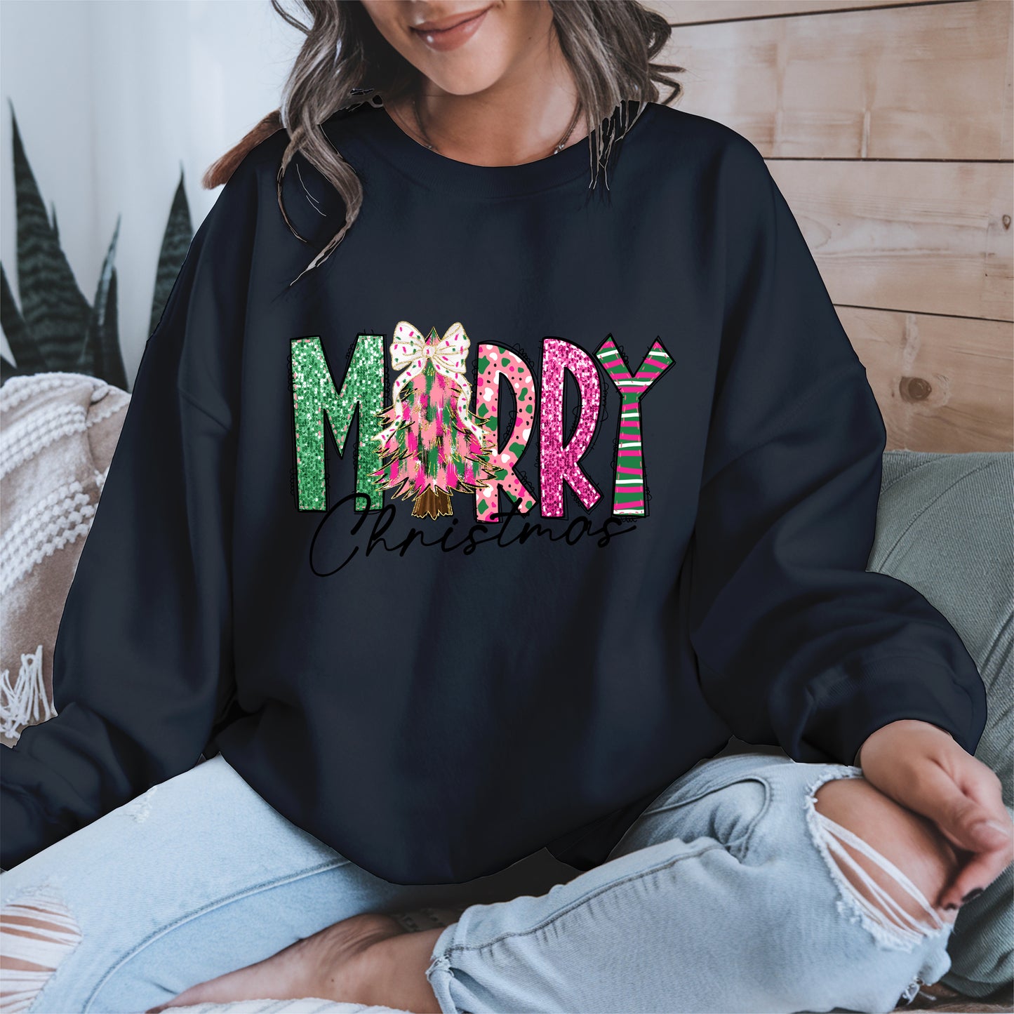 Merry Christmas Shirt Glitter Tree Holiday Tee