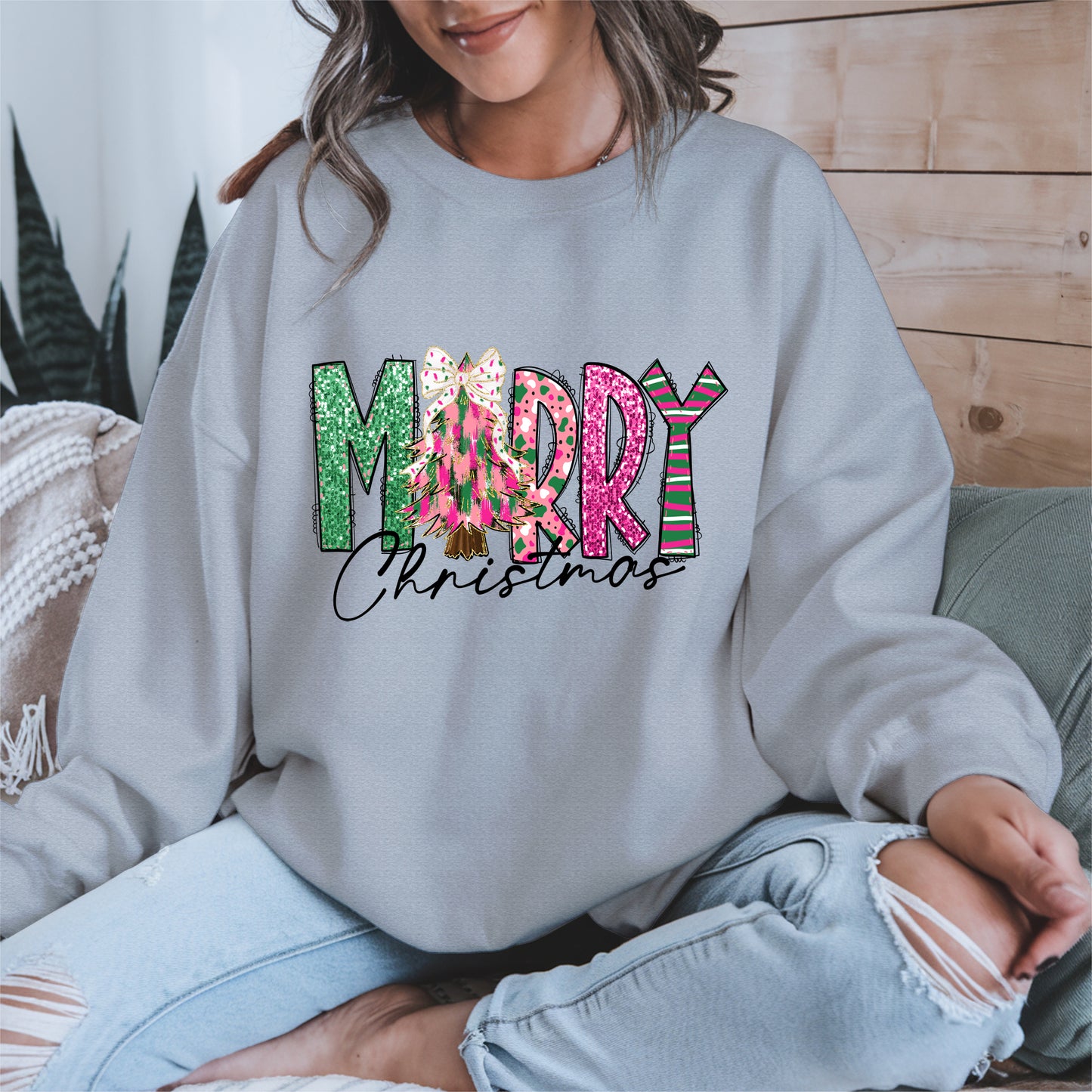 Merry Christmas Shirt Glitter Tree Holiday Tee