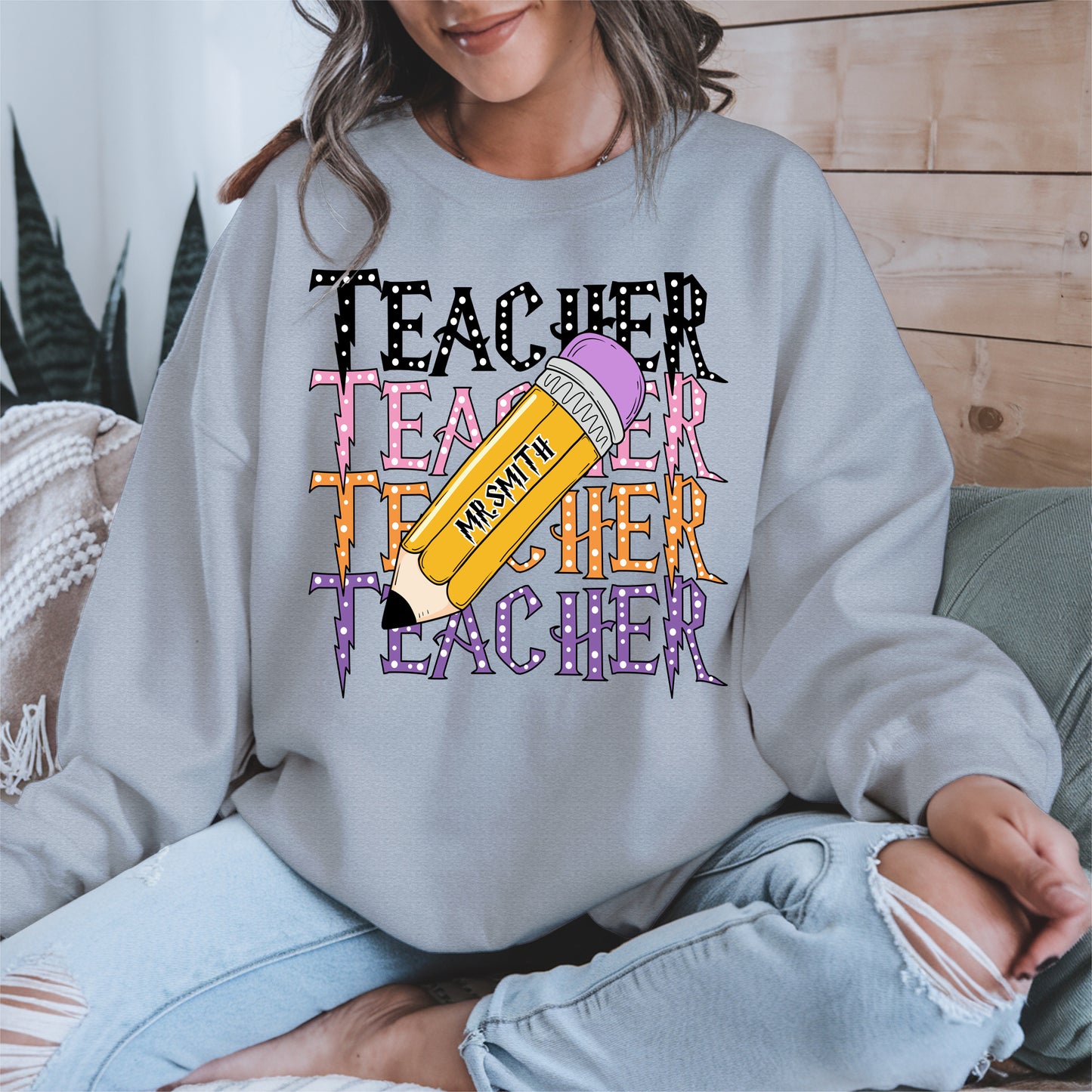 Retro Teacher Shirt with Personalized Pencil Name