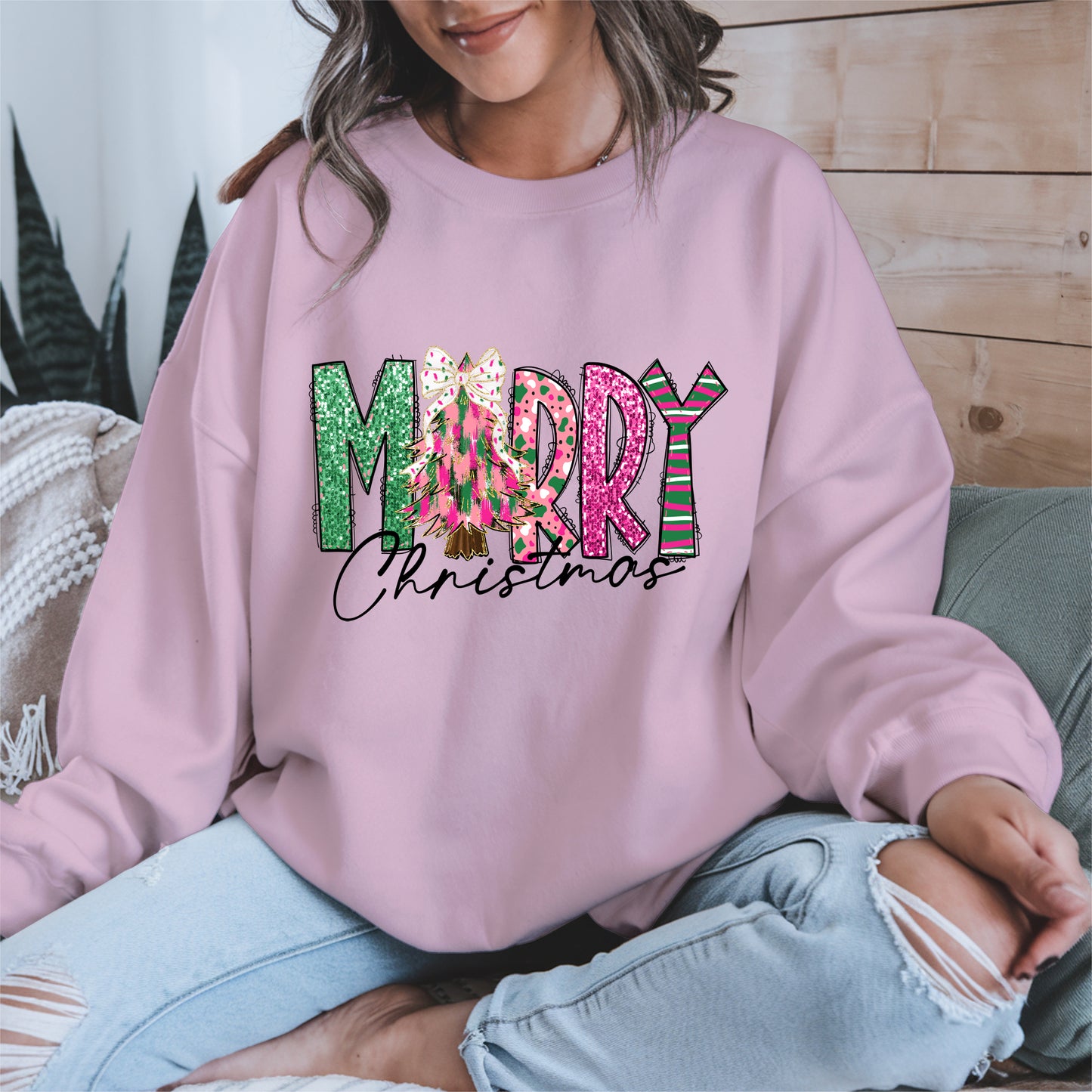 Merry Christmas Shirt Glitter Tree Holiday Tee
