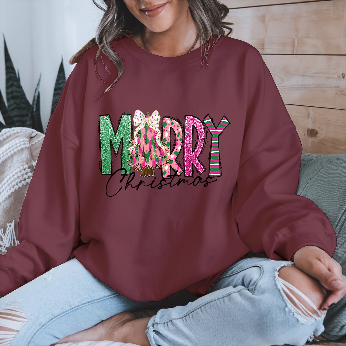 Merry Christmas Shirt Glitter Tree Holiday Tee