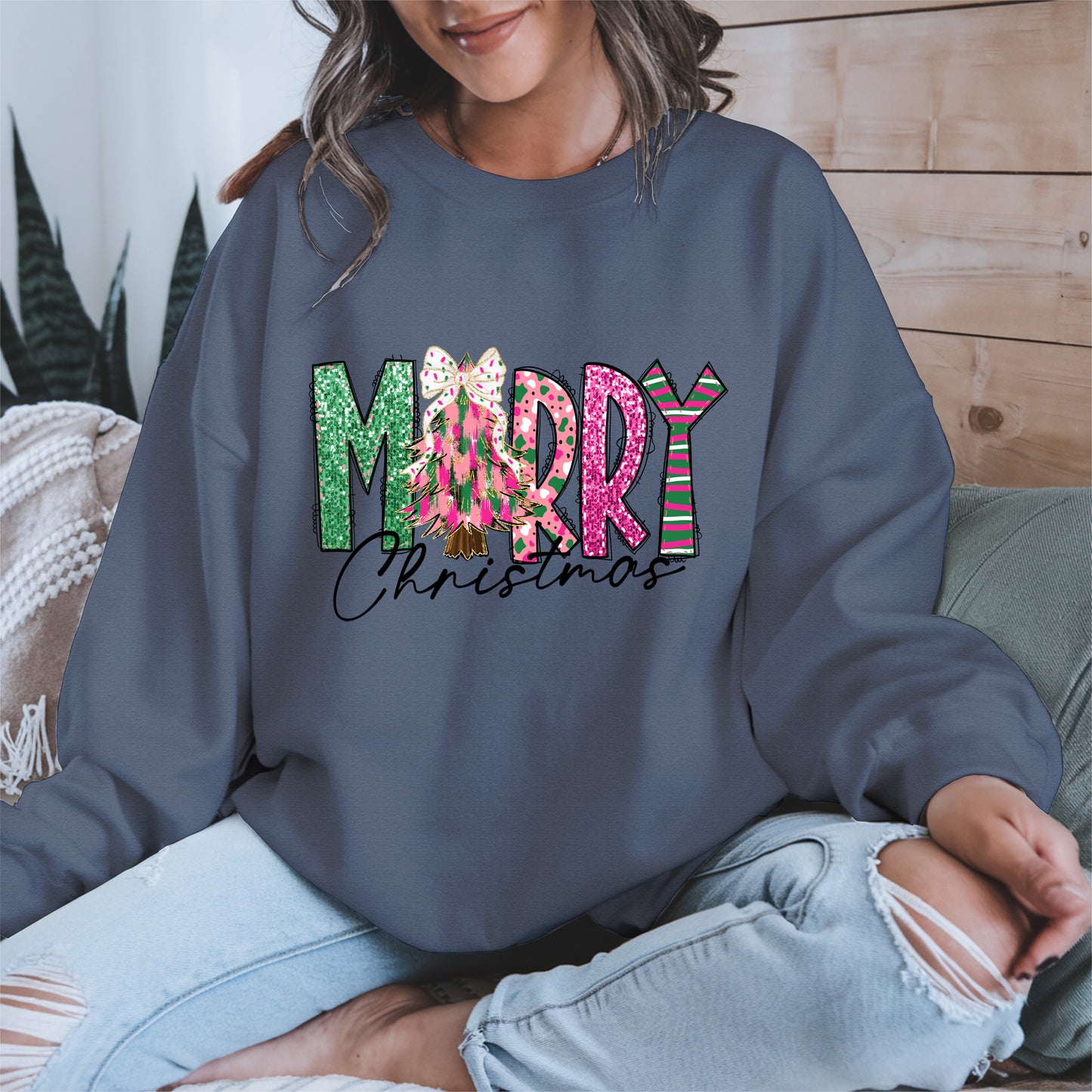 Merry Christmas Shirt Glitter Tree Holiday Tee