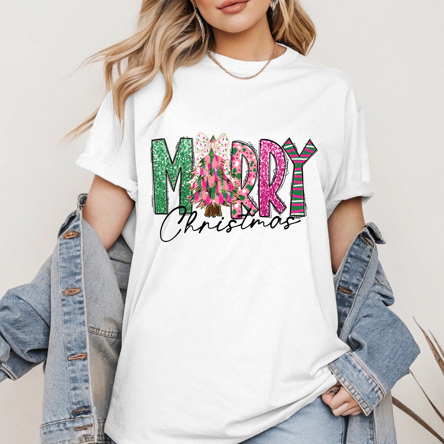 Merry Christmas Shirt Glitter Tree Holiday Tee