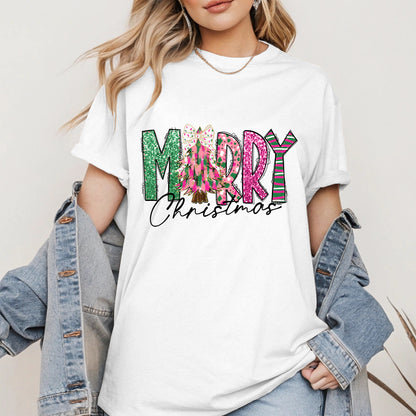 Merry Christmas Shirt Glitter Tree Holiday Tee