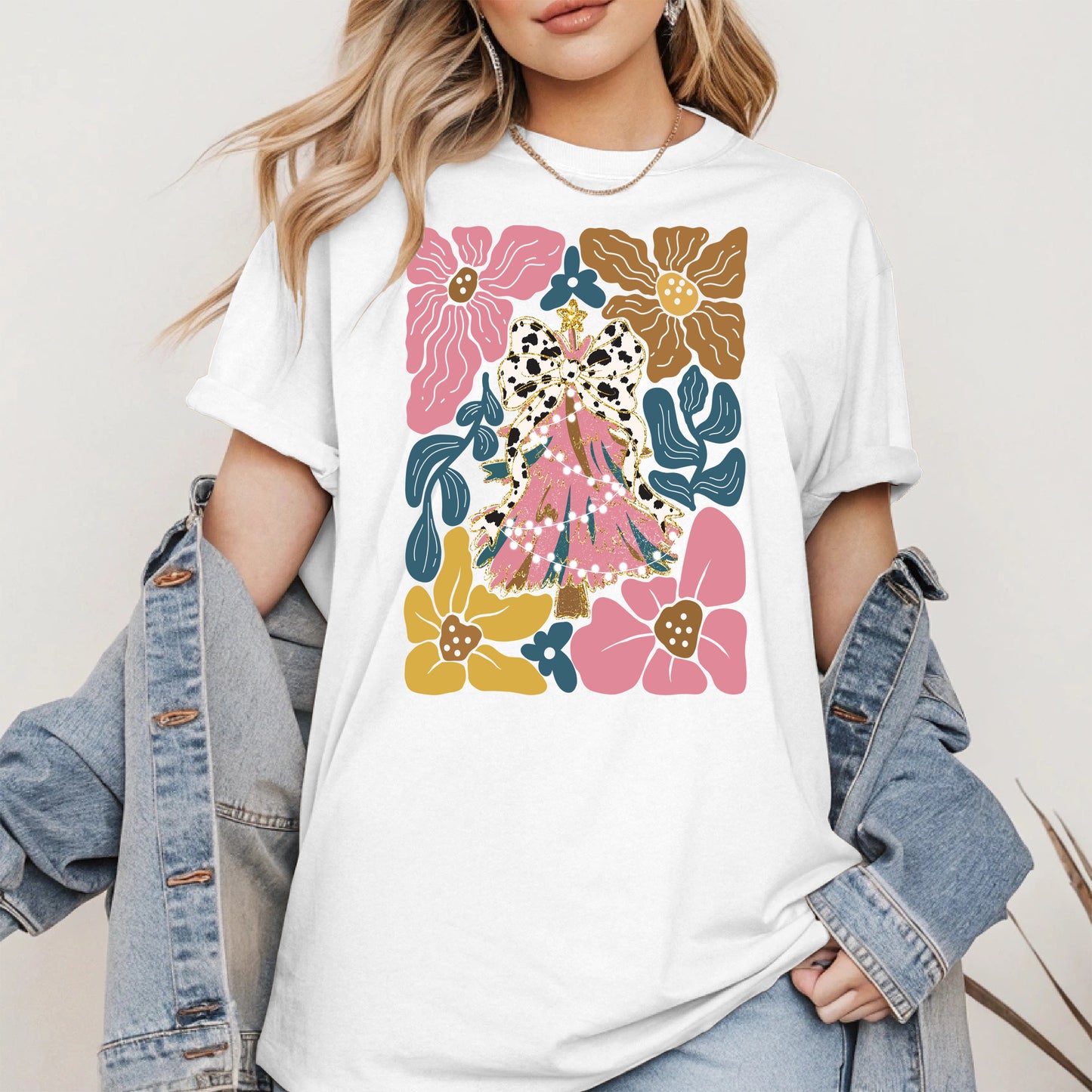 Christmas Tree Coquette Bow Floral Holiday Shirt