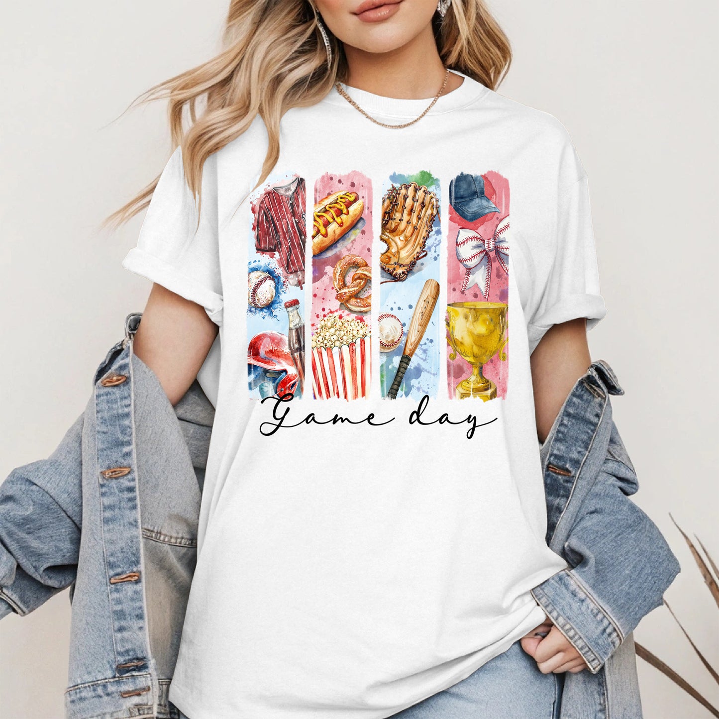 Watercolor Hotdog, Bat & Trophy Baseball Sport Shirt