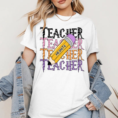 Retro Teacher Shirt with Personalized Pencil Name