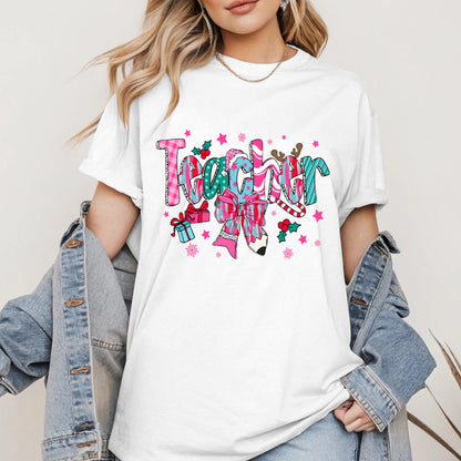 Christmas Teacher Shirt with Gifts and Bow