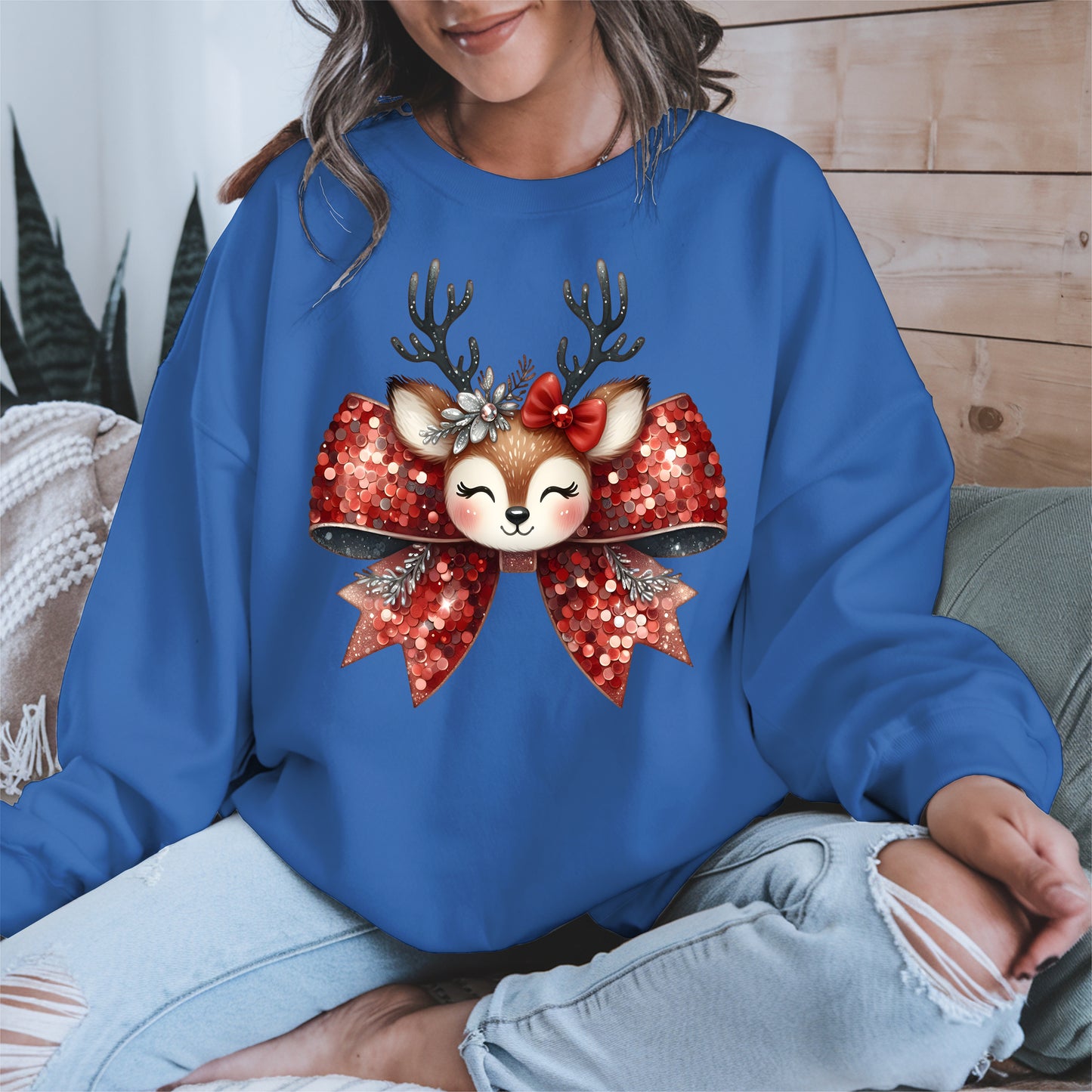 Cute Reindeer Bow Christmas Shirt for Women