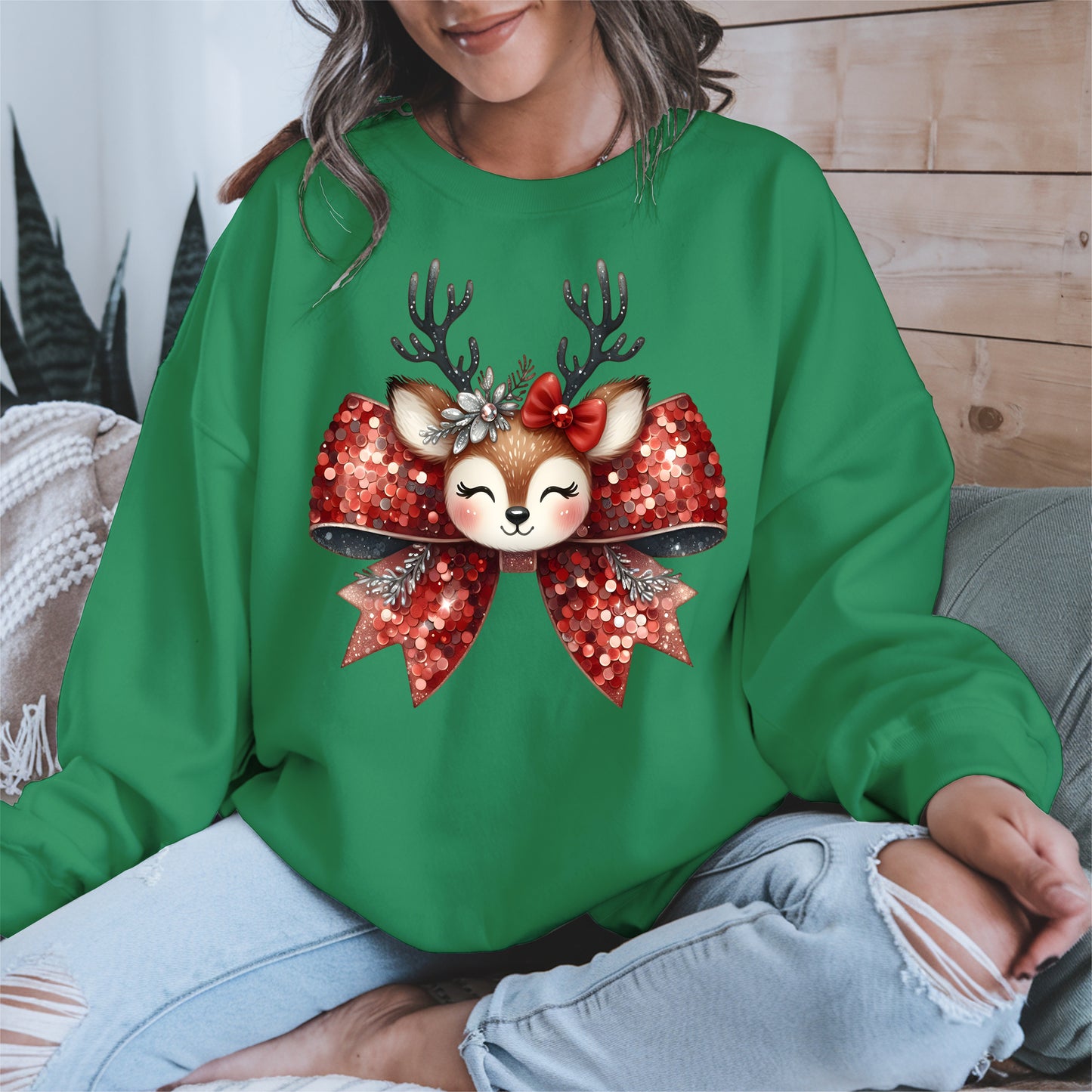 Cute Reindeer Bow Christmas Shirt for Women