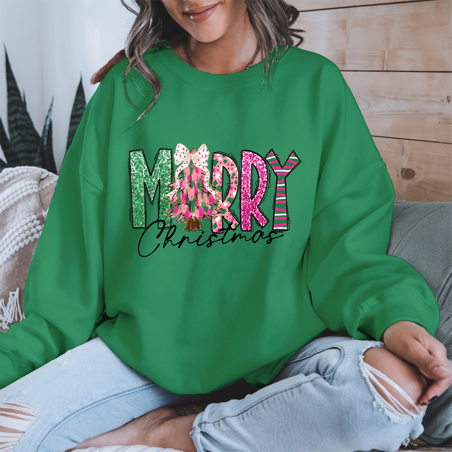 Merry Christmas Shirt Glitter Tree Holiday Tee
