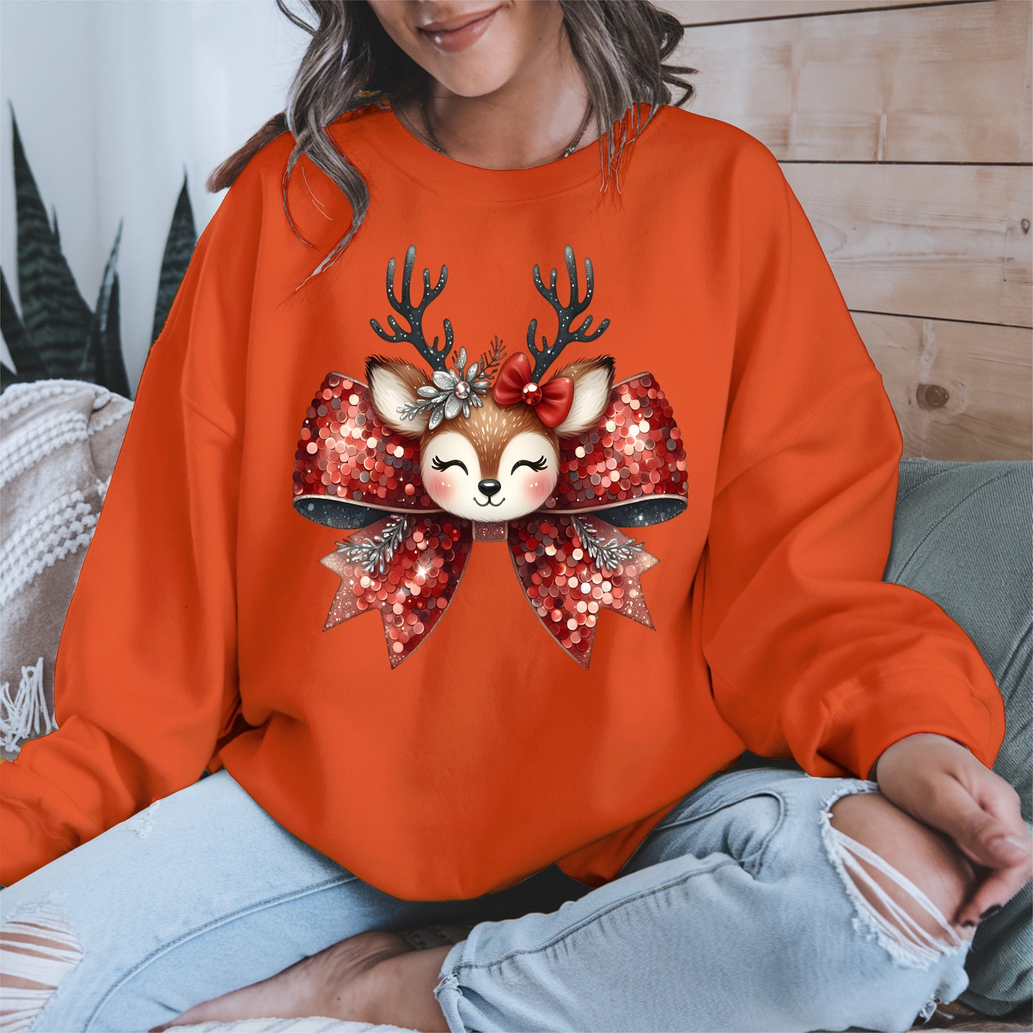 Cute Reindeer Bow Christmas Shirt for Women