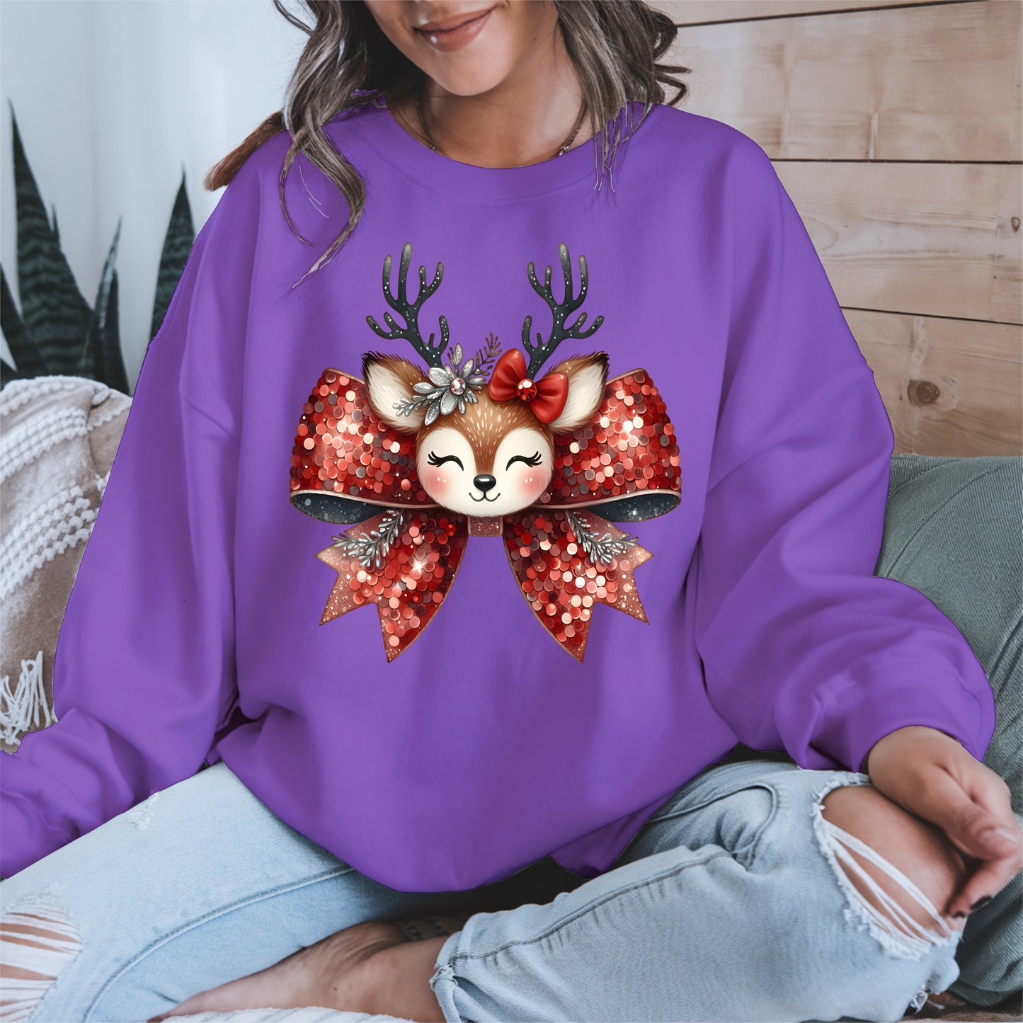Cute Reindeer Bow Christmas Shirt for Women