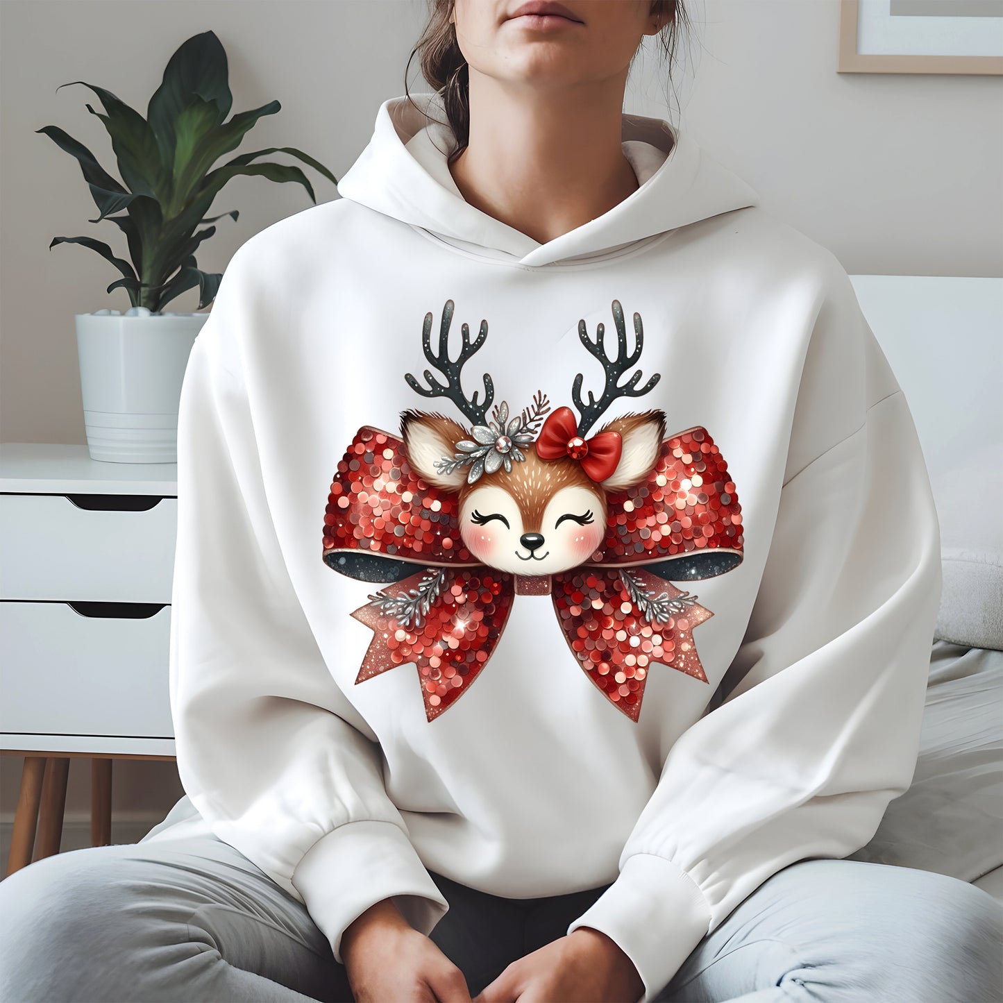 Cute Reindeer Bow Christmas Shirt for Women