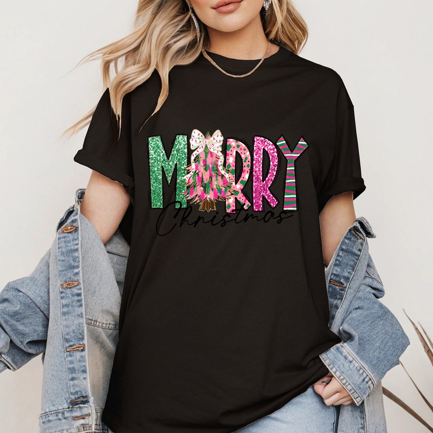 Merry Christmas Shirt Glitter Tree Holiday Tee