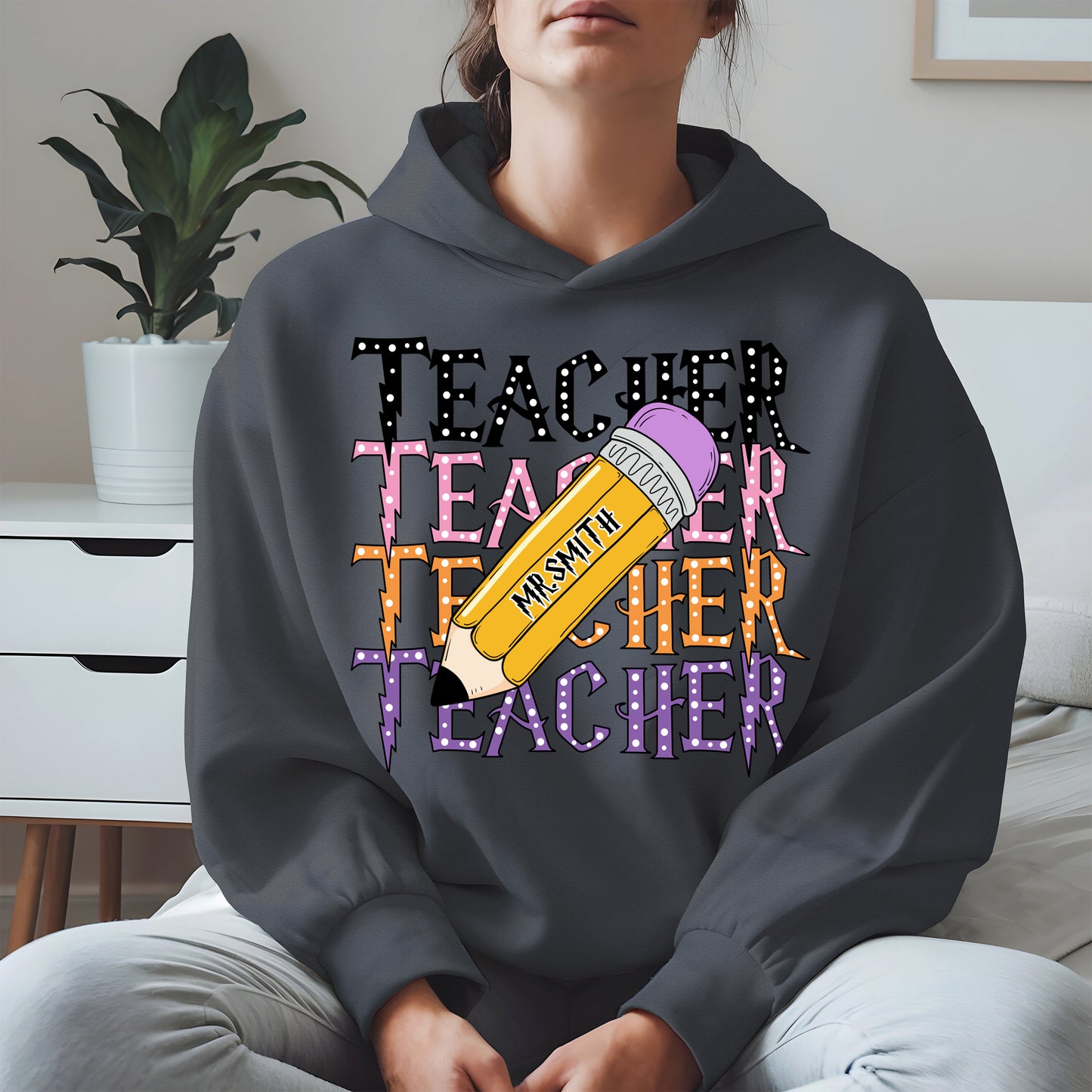 Retro Teacher Shirt with Personalized Pencil Name