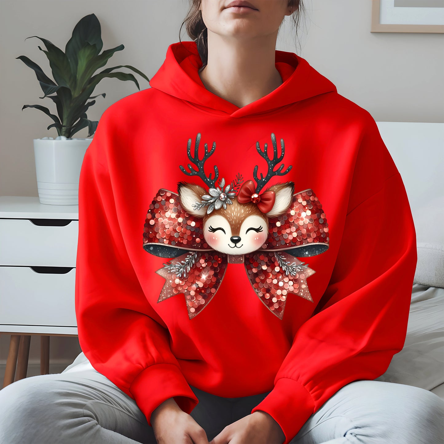 Cute Reindeer Bow Christmas Shirt for Women