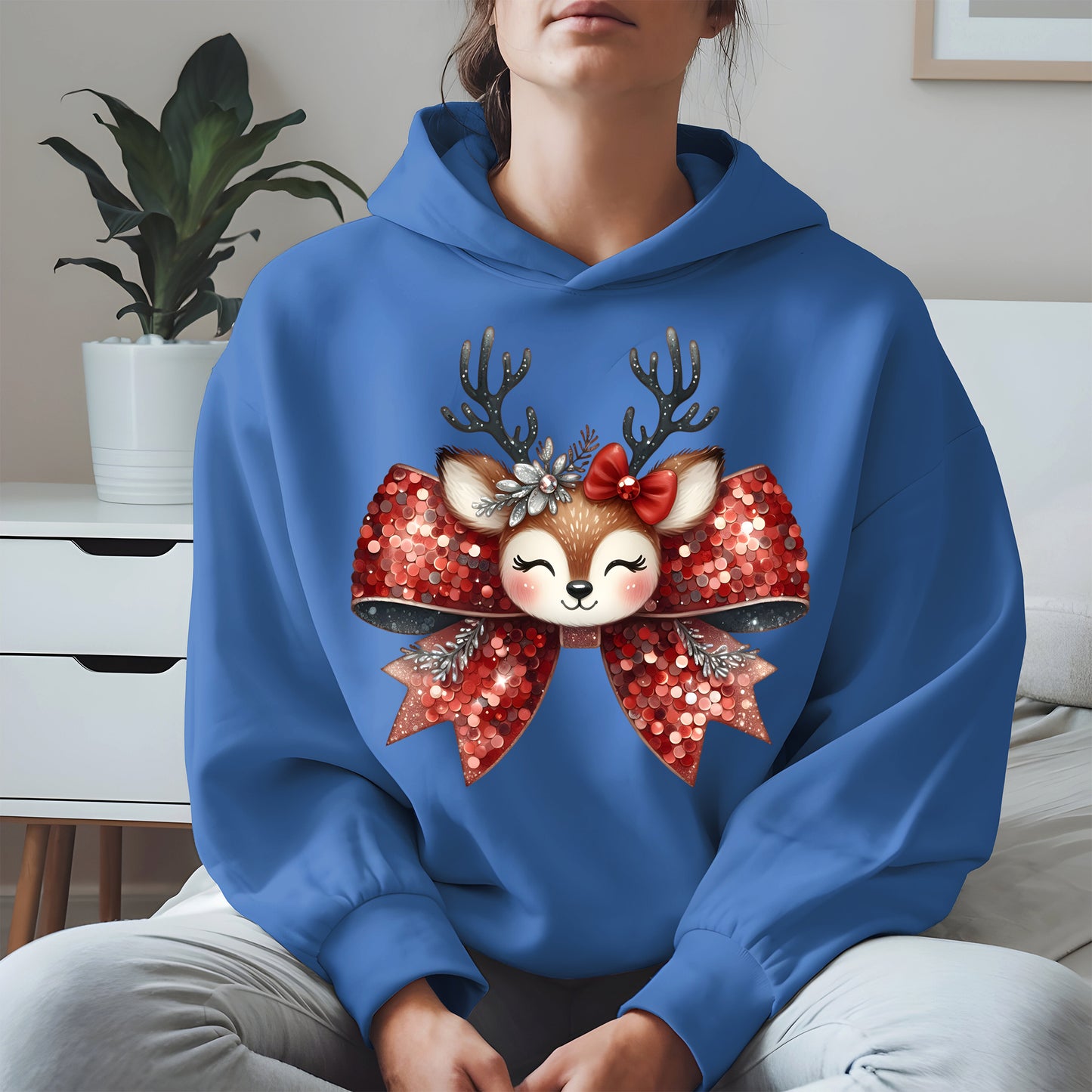 Cute Reindeer Bow Christmas Shirt for Women