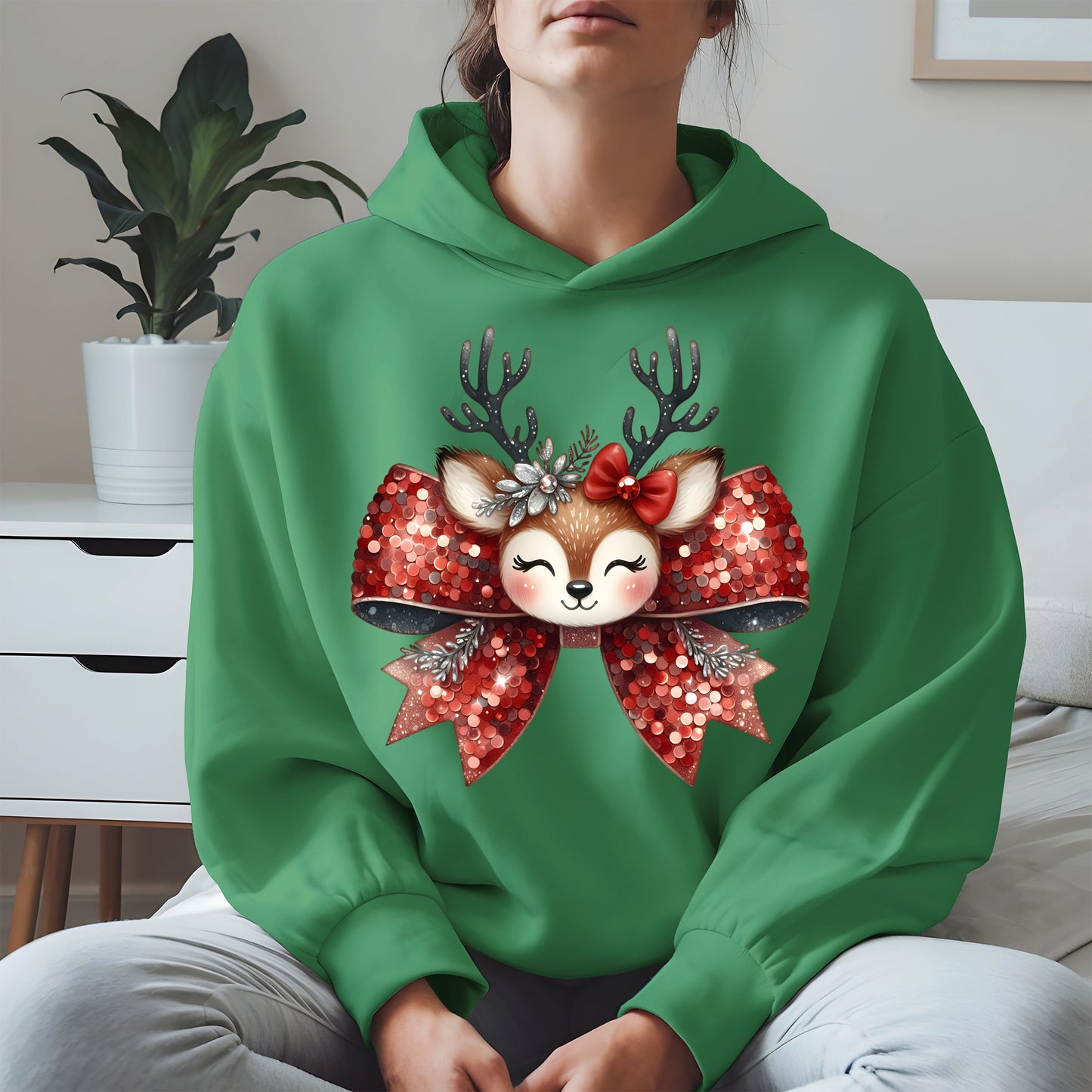 Cute Reindeer Bow Christmas Shirt for Women