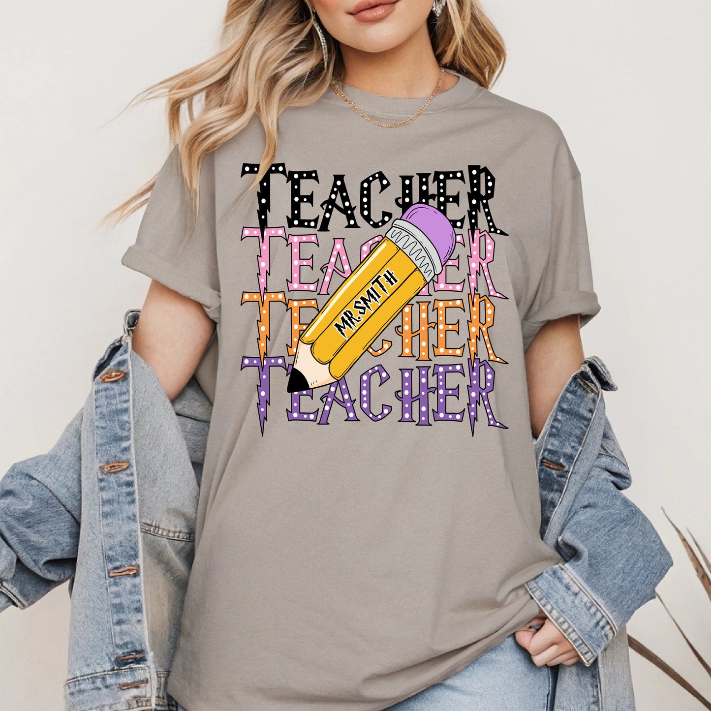 Retro Teacher Shirt with Personalized Pencil Name
