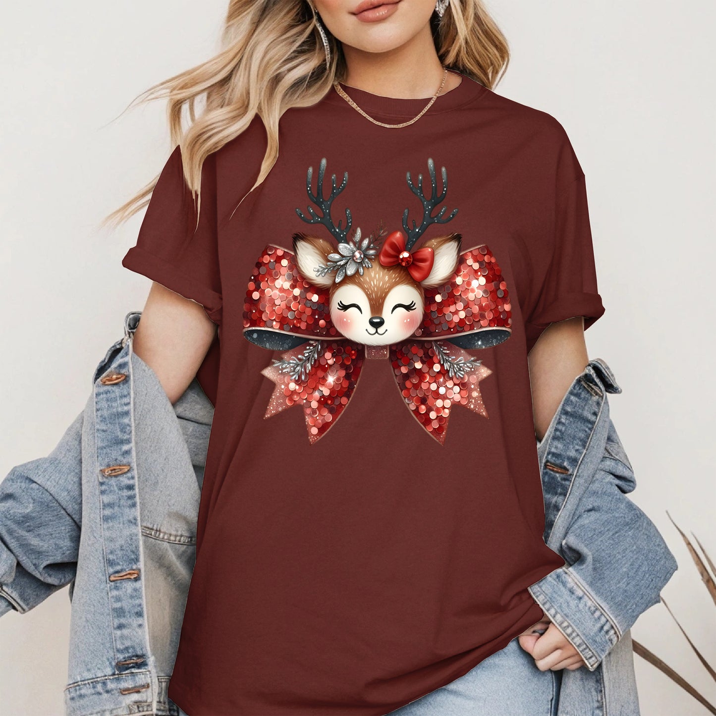 Cute Reindeer Bow Christmas Shirt for Women