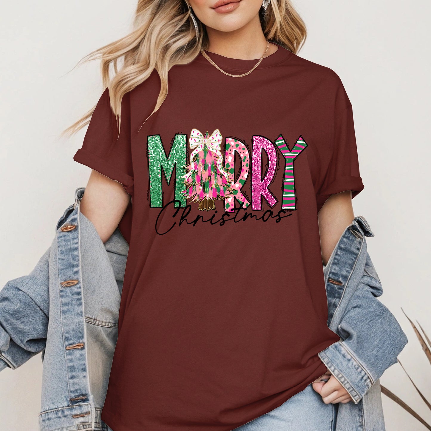Merry Christmas Shirt Glitter Tree Holiday Tee