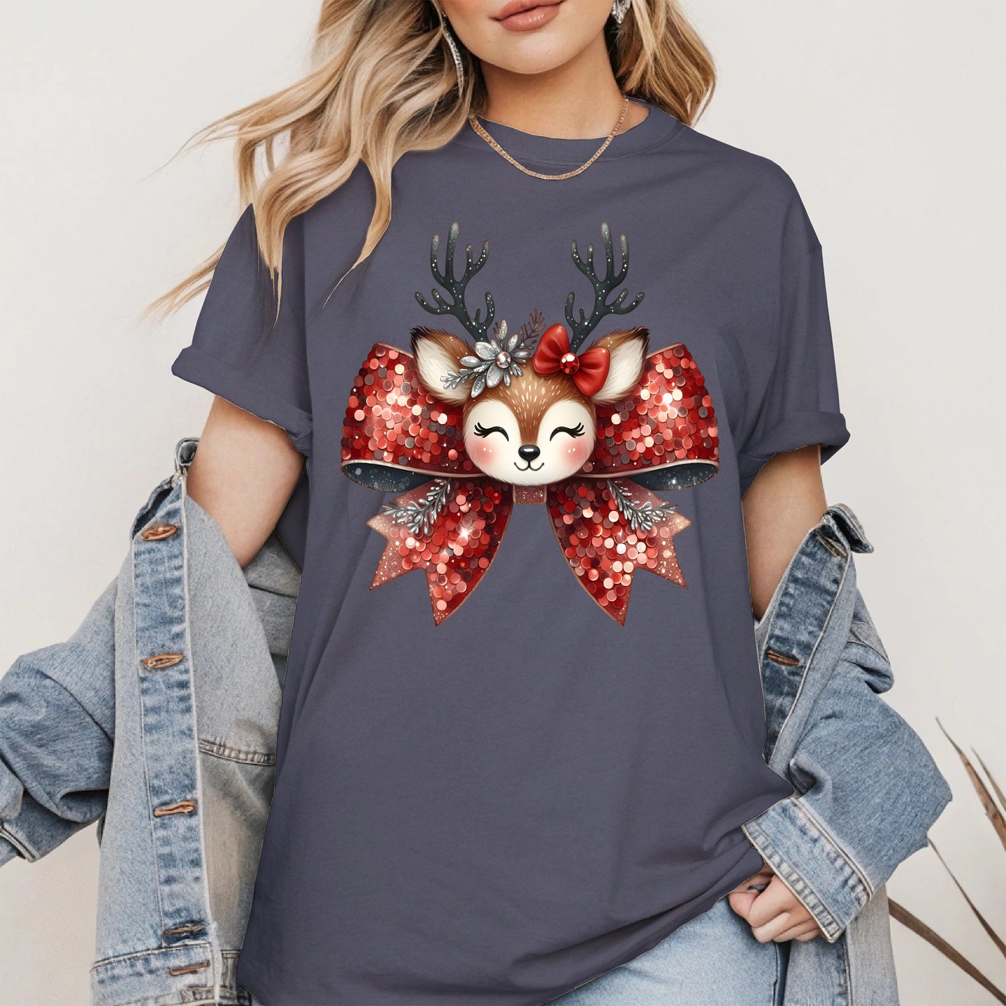 Cute Reindeer Bow Christmas Shirt for Women