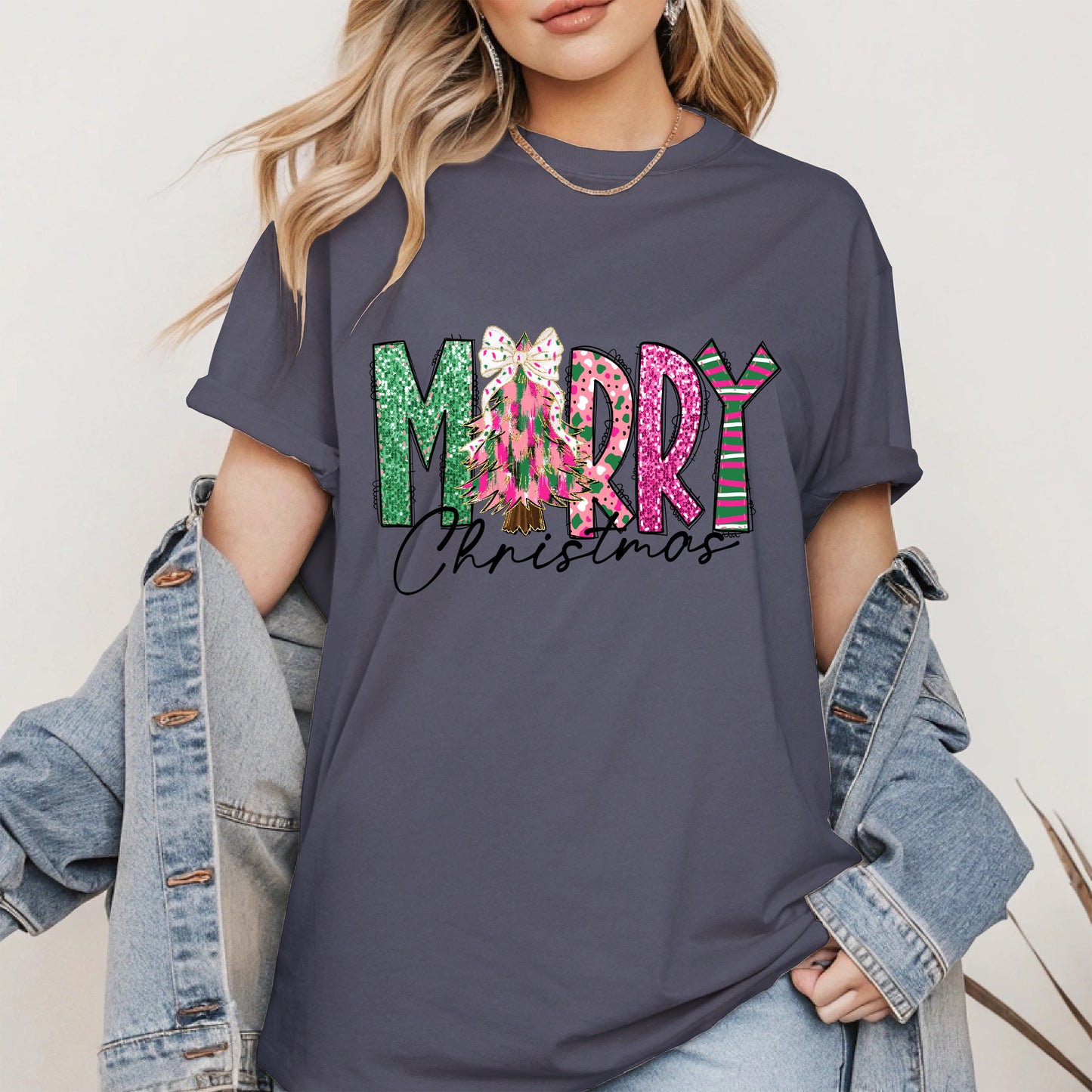 Merry Christmas Shirt Glitter Tree Holiday Tee