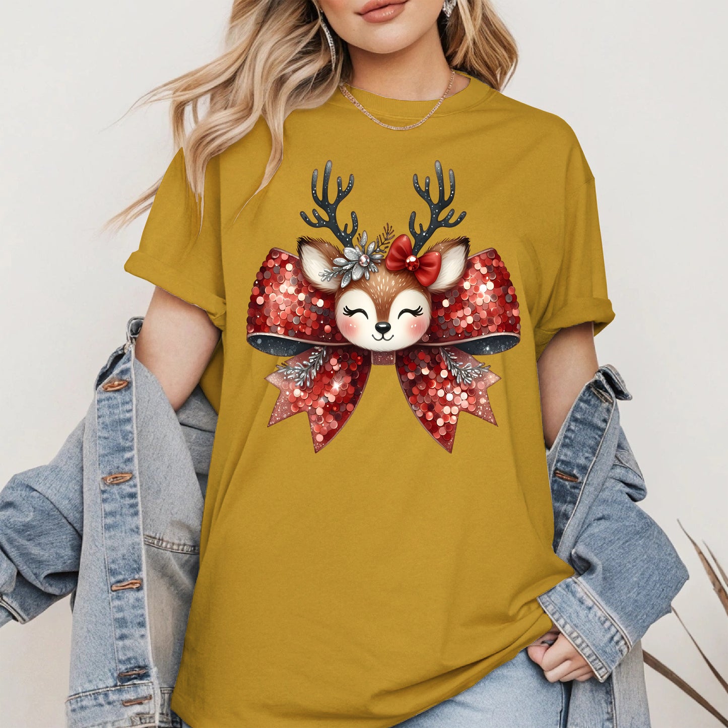 Cute Reindeer Bow Christmas Shirt for Women