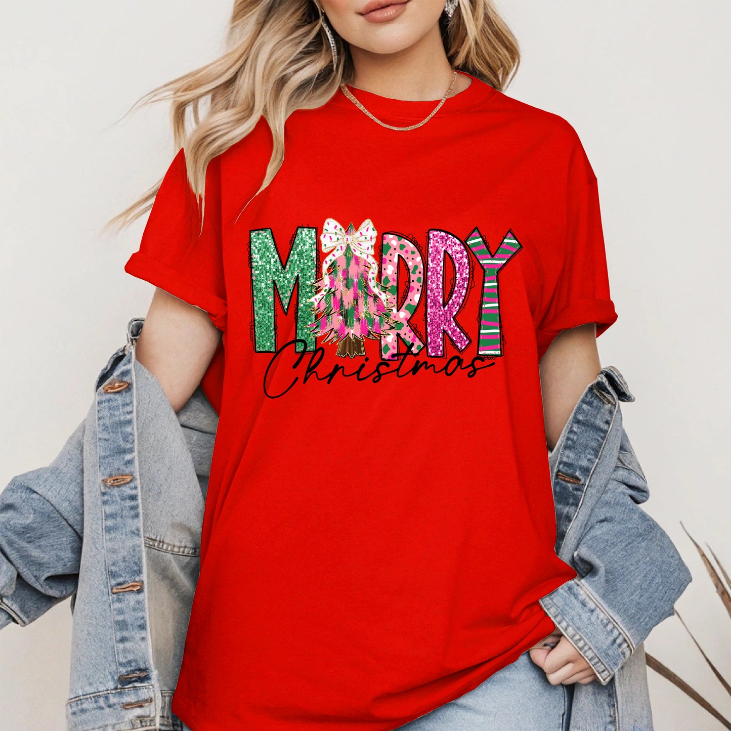 Merry Christmas Shirt Glitter Tree Holiday Tee