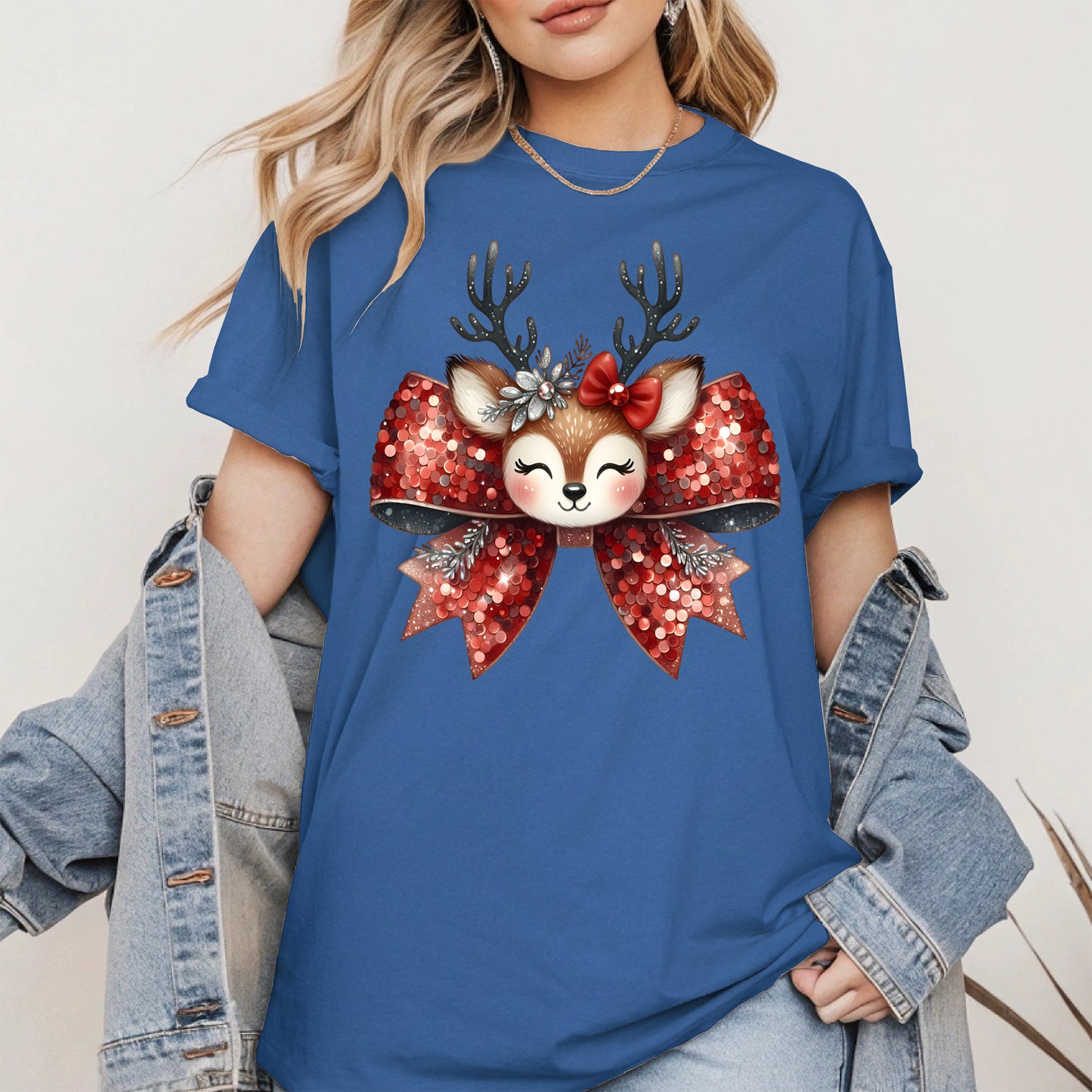Cute Reindeer Bow Christmas Shirt for Women