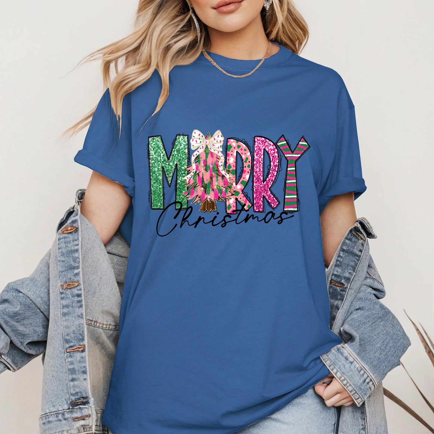 Merry Christmas Shirt Glitter Tree Holiday Tee